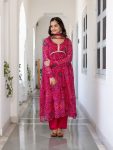 FASHIONABLE DELTA SILK PRINTED ALIA CUT TOP BOTTOM WITH DUPATTA PINK