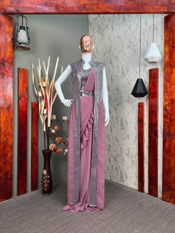 FASHIONABLE GEORGETTE RUFFLE WORK LEHNGA SAREE SHRUG AND BELT WITH UNSTITCHED BLOUSE BABY PINK