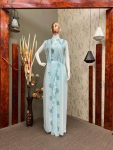 FASHIONABLE GEORGETTE RUFFLE WORK LEHNGA SAREE SHRUG AND BELT WITH UNSTITCHED BLOUSE SKY