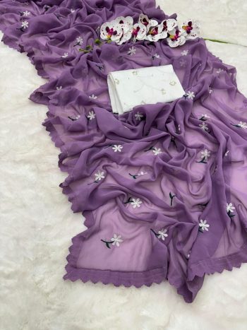 FASHIONABLE GEORGETTE THREAD WORK SAREE WITH UNSTITCHED BLOUSE LAVENDER