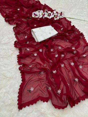 FASHIONABLE GEORGETTE THREAD WORK SAREE WITH UNSTITCHED BLOUSE MAROON