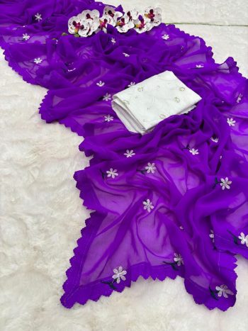 FASHIONABLE GEORGETTE THREAD WORK SAREE WITH UNSTITCHED BLOUSE PURPLE