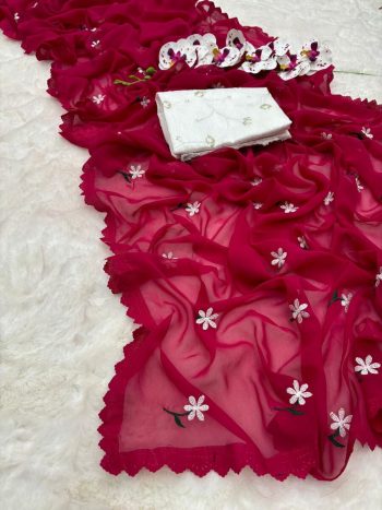 FASHIONABLE GEORGETTE THREAD WORK SAREE WITH UNSTITCHED BLOUSE PINK