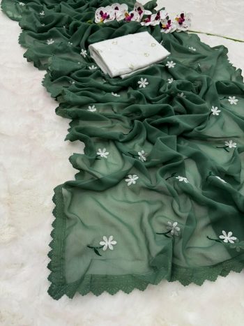 FASHIONABLE GEORGETTE THREAD WORK SAREE WITH UNSTITCHED BLOUSE GREEN