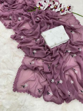 FASHIONABLE GEORGETTE THREAD WORK SAREE WITH UNSTITCHED BLOUSE BABY PINK