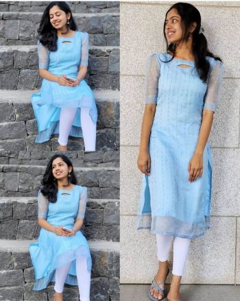 FASHIONABLE ORGANZA SILVER LINING KURTI SKY