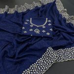 FASHIONABLE VICHITRA SILK EMBROIDERY WITH DIAMOND CUT  WORK SAREE WITH UNSTITCHED BLOUSE NAVY BLUE