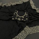FASHIONABLE VICHITRA SILK EMBROIDERY WITH DIAMOND CUT  WORK SAREE WITH UNSTITCHED BLOUSE BLACK