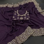 FASHIONABLE VICHITRA SILK EMBROIDERY WITH DIAMOND CUT  WORK SAREE WITH UNSTITCHED BLOUSE WINE