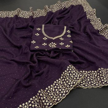 FASHIONABLE VICHITRA SILK EMBROIDERY WITH DIAMOND CUT  WORK SAREE WITH UNSTITCHED BLOUSE WINE