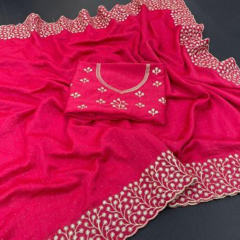 FASHIONABLE VICHITRA SILK EMBROIDERY WITH DIAMOND CUT  WORK SAREE WITH UNSTITCHED BLOUSE RANI