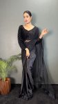 LATEST SOFT SATIN AND NET SEQUENCE BOREDR WORK SAREE WITH STITCHED BLOUSE BLACK