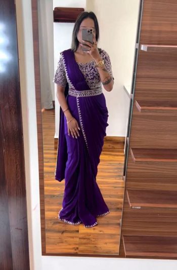 NEW ARRIVAL CHINON EMBROIDERY SEQUENCE CODING WORK READY TO WEAR SAREE BELT WITH STITCHED BLOUSE BLUE