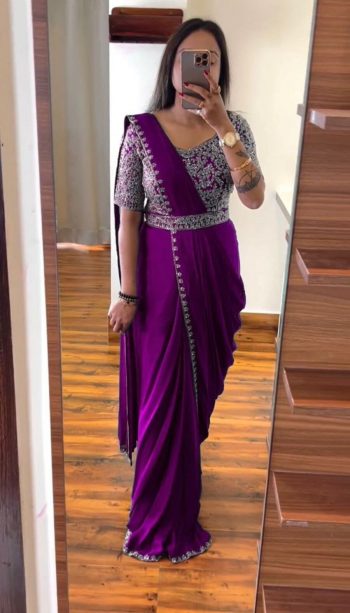 NEW ARRIVAL CHINON EMBROIDERY SEQUENCE CODING WORK READY TO WEAR SAREE BELT WITH STITCHED BLOUSE PURPLE