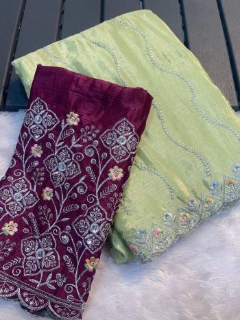 NEW ARRIVAL CHINON SILK EMBROIDERY SEQUENCE ARC BORDER WORK SAREE WITH UNSTITCHED BLOUSE PISTA
