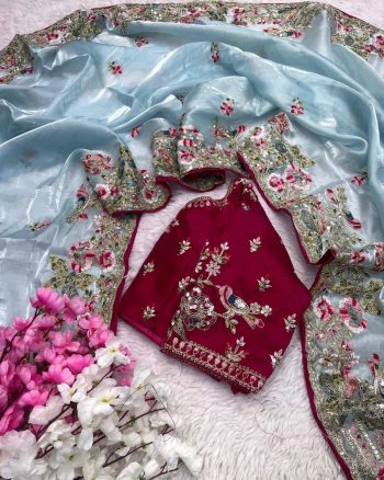 RICH LOOK JIMMY CHOO SEQUENCE THREAD EMBROIDERY CODING WORK SAREE WITH UNSTITCHED BLOUSE SKY