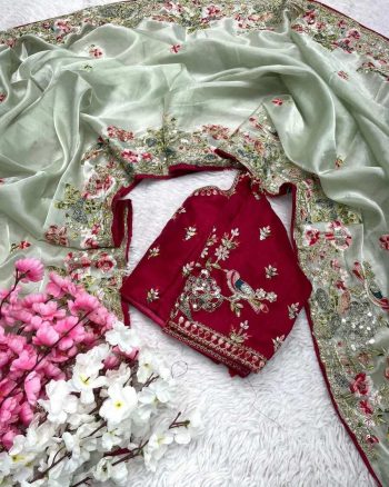 RICH LOOK JIMMY CHOO SEQUENCE THREAD EMBROIDERY CODING WORK SAREE WITH UNSTITCHED BLOUSE PISTA