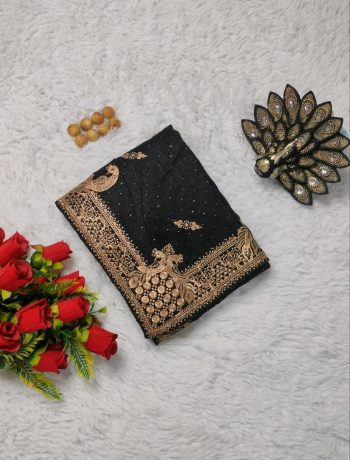 TRADITIONAL VICHITRA SILK ZARI SWAROSKI WORK SAREE WITH UNSTITCHED BLOUSE BLACK