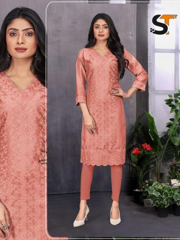 TREANDING CHANDERI CHICKENKARI WORK READY TO WEAR KURTI PEACH