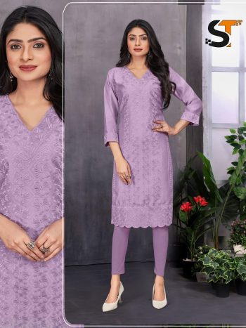 TREANDING CHANDERI CHICKENKARI WORK READY TO WEAR KURTI LAVENDER