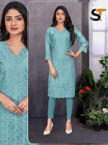 TREANDING CHANDERI CHICKENKARI WORK READY TO WEAR KURTI SKY
