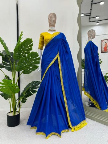 TREANDING COTTON LACE WITH LATKAN ON PALLU WORK SAREE WITH UNSTITCHED BLOUSE BLUE