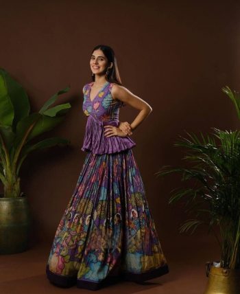TREANDING CREPE KALAMKARI PRINT WORK  TOP LEHENGA  PURPLE