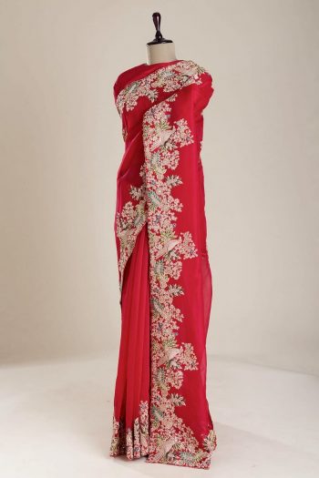 TREANDING JIMMY CHOO THREAD EMBROIDERY CODING SEQUENCE WORK SAREE WITH UNSTITCHED BLOUSE  RED