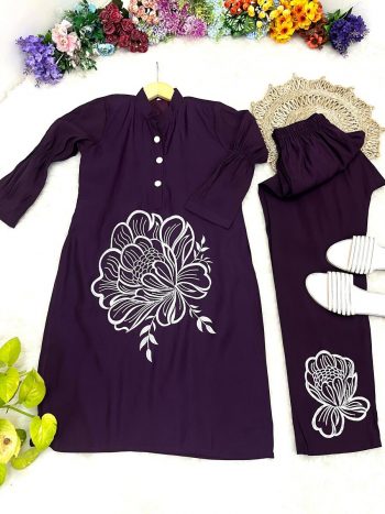 TREANDING ROMAN SILK EMBROIDERY WORK CO-ORD SET WINE