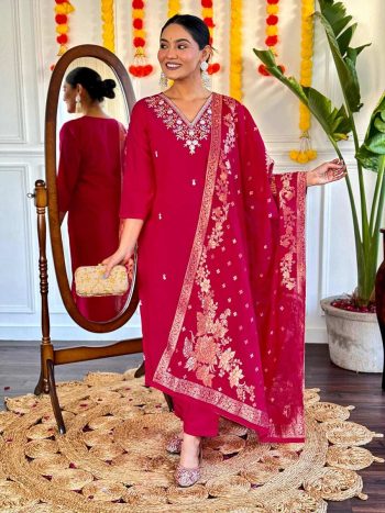 TREANDING VISCOSE CHANDERI EMBROIDERY WORK TOP BOTTOM WITH DUPATTA  PINK