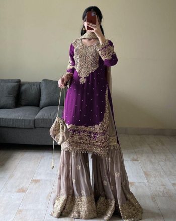 TRENDING GEORGETTE CODING SEQUENCE EMBROIDERY WORK TOP SHARARA WITH DUPATTA PURPLE