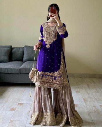 TRENDING GEORGETTE CODING SEQUENCE EMBROIDERY WORK TOP SHARARA WITH DUPATTA BLUE