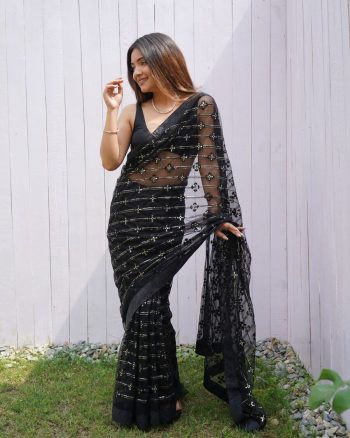 ATTRACTIVE BUTTERFLY NET EMBROIDERY SEQUENCE DIAMOND WORK SAREE WITH UNSTITCHED BLOUSE BLACK