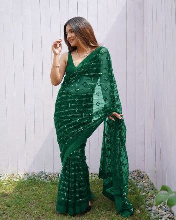 ATTRACTIVE BUTTERFLY NET EMBROIDERY SEQUENCE DIAMOND WORK SAREE WITH UNSTITCHED BLOUSE GREEN