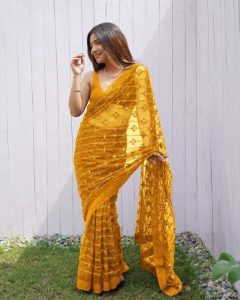ATTRACTIVE BUTTERFLY NET EMBROIDERY SEQUENCE DIAMOND WORK SAREE WITH UNSTITCHED BLOUSE YELLOW