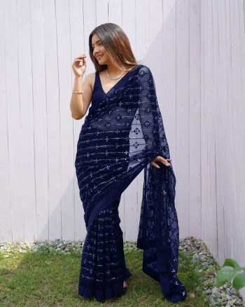 ATTRACTIVE BUTTERFLY NET EMBROIDERY SEQUENCE DIAMOND WORK SAREE WITH UNSTITCHED BLOUSE NAVY BLUE
