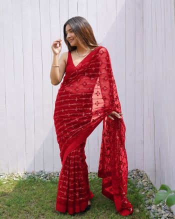 ATTRACTIVE BUTTERFLY NET EMBROIDERY SEQUENCE DIAMOND WORK SAREE WITH UNSTITCHED BLOUSE RED