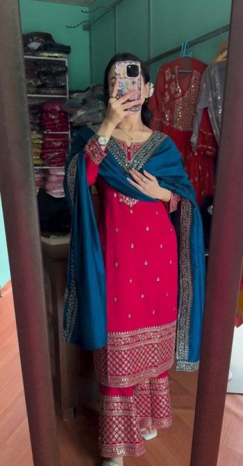 ATTRACTIVE CHINON EMBROIDERY WORK  TOP BOTTOM WITH DUPATTA RANI