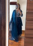 ATTRACTIVE CHINON SILK SEQUENCE EMBROIDERY THREAD WORK TOP SHARARA WITH DUPATTA BLUE