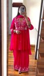 ATTRACTIVE CHINON SILK SEQUENCE EMBROIDERY THREAD WORK TOP SHARARA WITH DUPATTA PINK