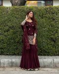 ATTRACTIVE CHINON SILK SEQUENCE EMBROIDERY WORK TOP SHARARA WITH DUPATTA  MAROON