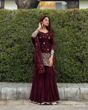 ATTRACTIVE CHINON SILK SEQUENCE EMBROIDERY WORK TOP SHARARA WITH DUPATTA  MAROON