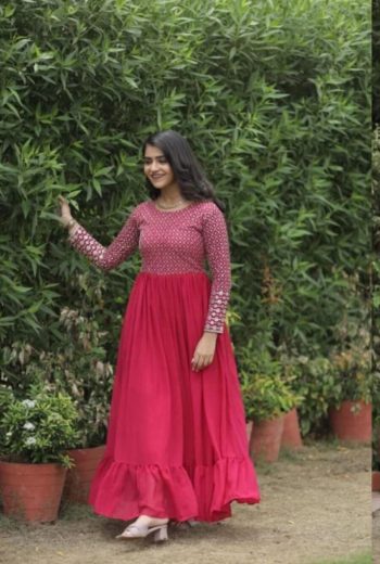 ATTRACTIVE GEORGETTE EMBROIDERY WORK  READY TO WEAR GOWN PINK