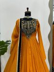 ATTRACTIVE GOLD CRUSH VISCOS VELVET THREAD SEQUENCE WORK GOWN WITH DUPATTA FESTIVAL WEAR WHOLESALE PRICE ETHNIC GARMENT (4)