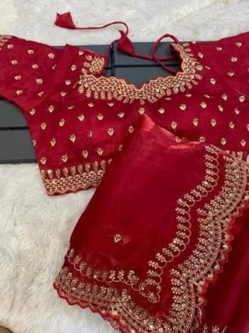 ATTRACTIVE JIMMY CHOO SEQUENCE EMBROIDERY WORK SAREE WITH STITCHED BLOUSE RED