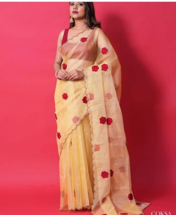 ATTRACTIVE ORGANZA EMBROIDERY MOTI HAND WORK SAREE WITH STITCHED BLOUSE WHITE