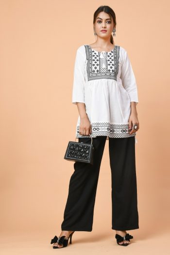 ATTRACTIVE RAYON EMBROIDERY WITH BOTH SIDE DORI WORK READY TO WEAR TOP WHITE