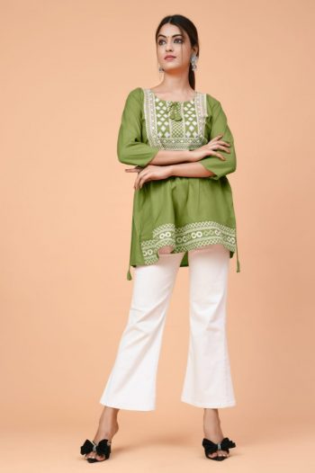 ATTRACTIVE RAYON EMBROIDERY WITH BOTH SIDE DORI WORK READY TO WEAR TOP GREEN