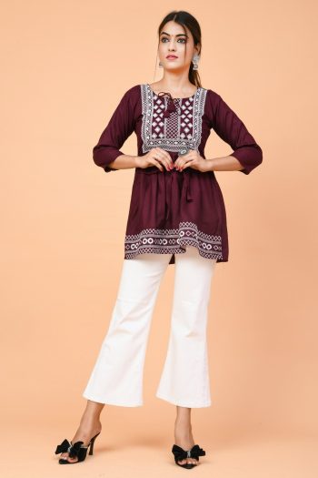 ATTRACTIVE RAYON EMBROIDERY WITH BOTH SIDE DORI WORK READY TO WEAR TOP WINE