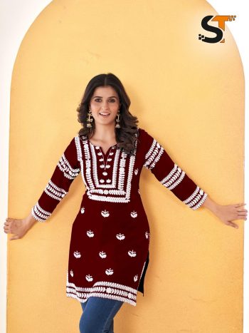 ATTRACTIVE RAYON EMBROIDERY WORK READY TO WEAR TOP MAROON